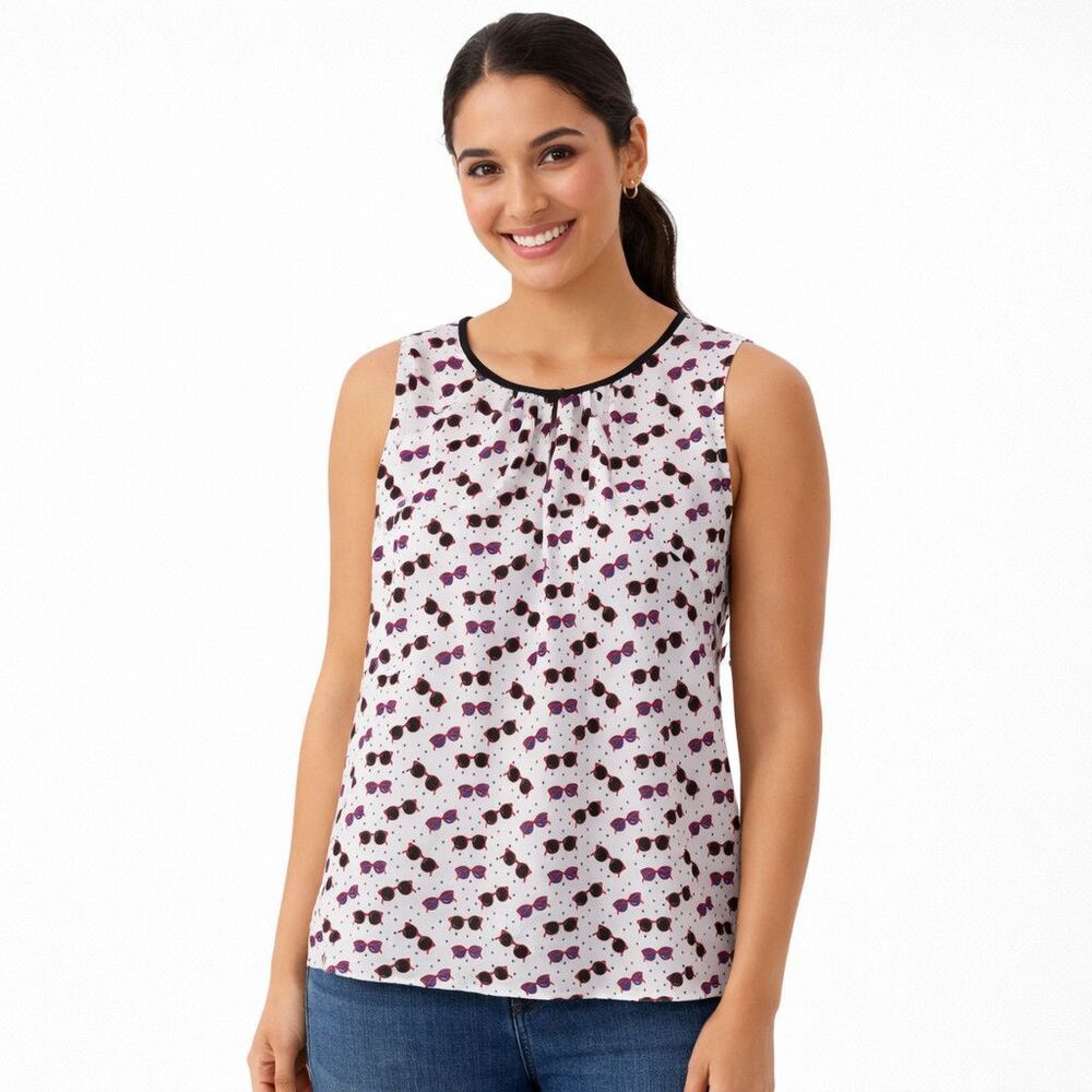Talbots Blouse Womens Medium White Polka Dot Sunglasses Print Sleeveless Top